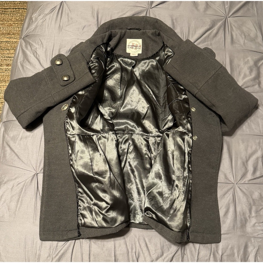 VTG Y2K Hydraulic Jeans Women's M Gray Double Breasted Pea Coat Belted Lined - Picture 7 of 12